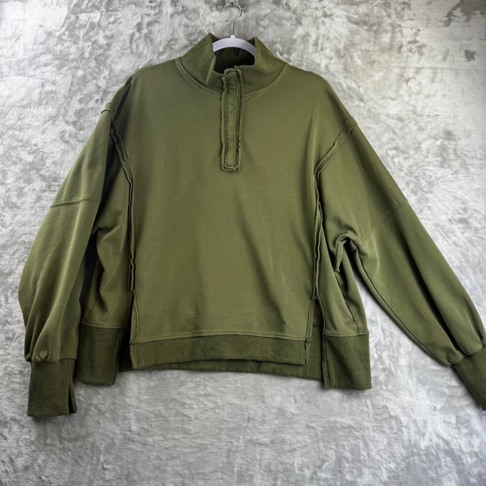 Unbranded Snap Neck Sweatshirt Women XL Green Exposed Seam Pullover (1831)